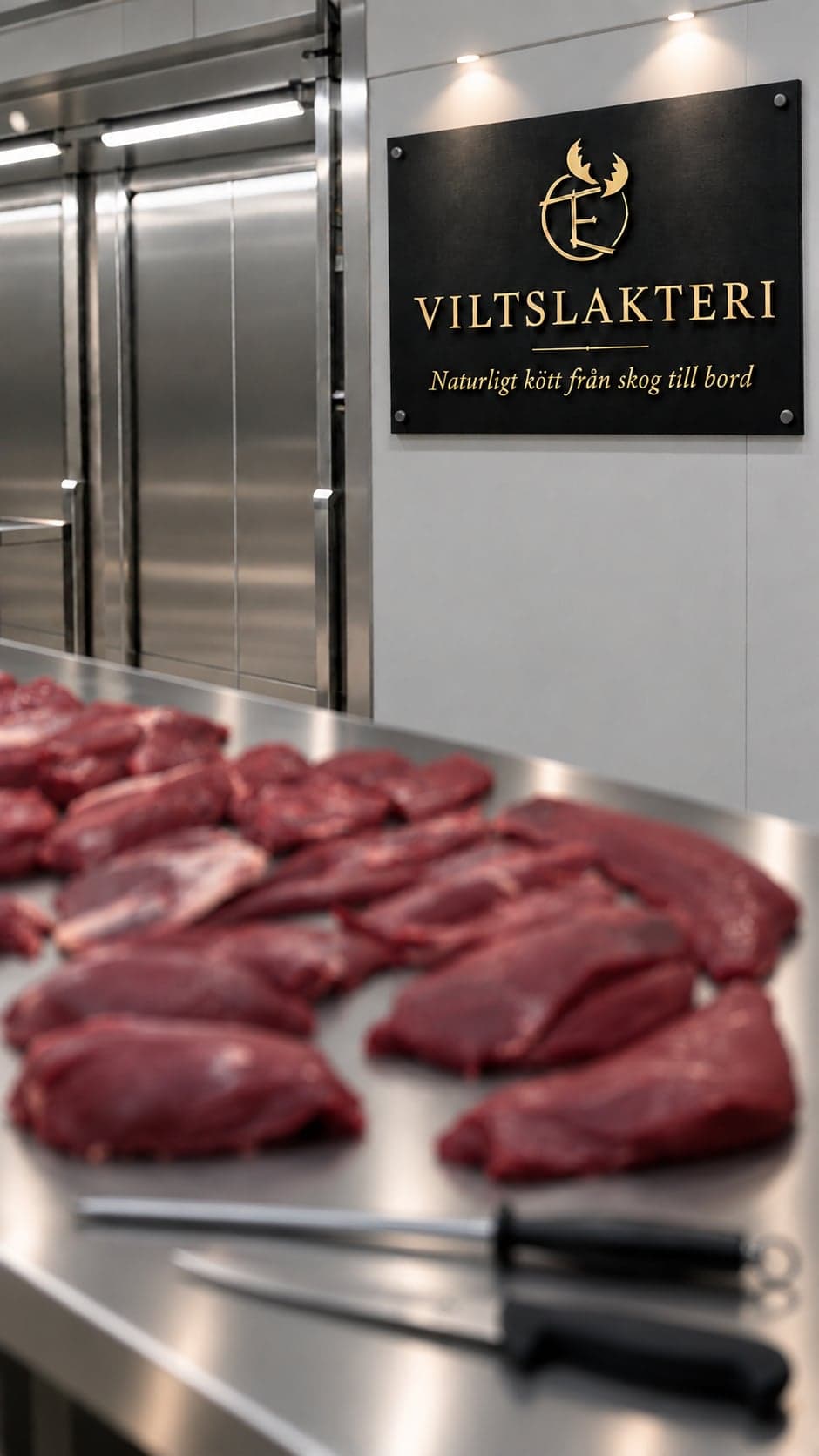 Styckade detaljer av viltkött på ett stålbord i Ekbergs viltslakteri, under skylten Naturligt kött från skog till bord